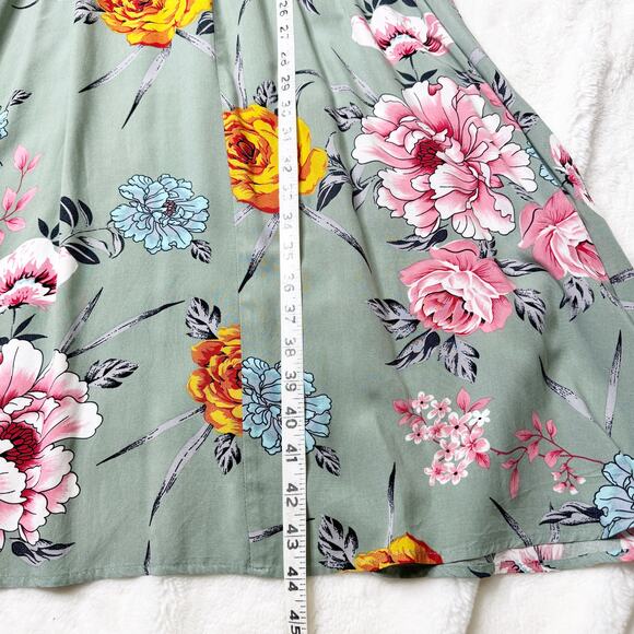 SHEIN Sage Green Floral Faux Wrap Ruffle Sleeve Summer Dress size Medium - Picture 6 of 12